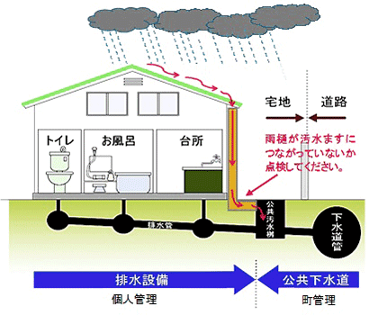 排水設備の図。雨桶が汚水ますにつながっていないか点検してください。