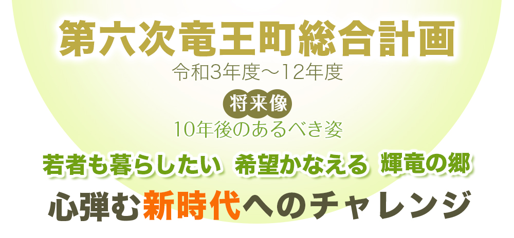 第六次竜王町総合計画。10年後のあるべき姿(将来像)。若者も暮らしたい 希望かなえる 輝竜の郷〜心弾む 新時代へのチャレンジ〜